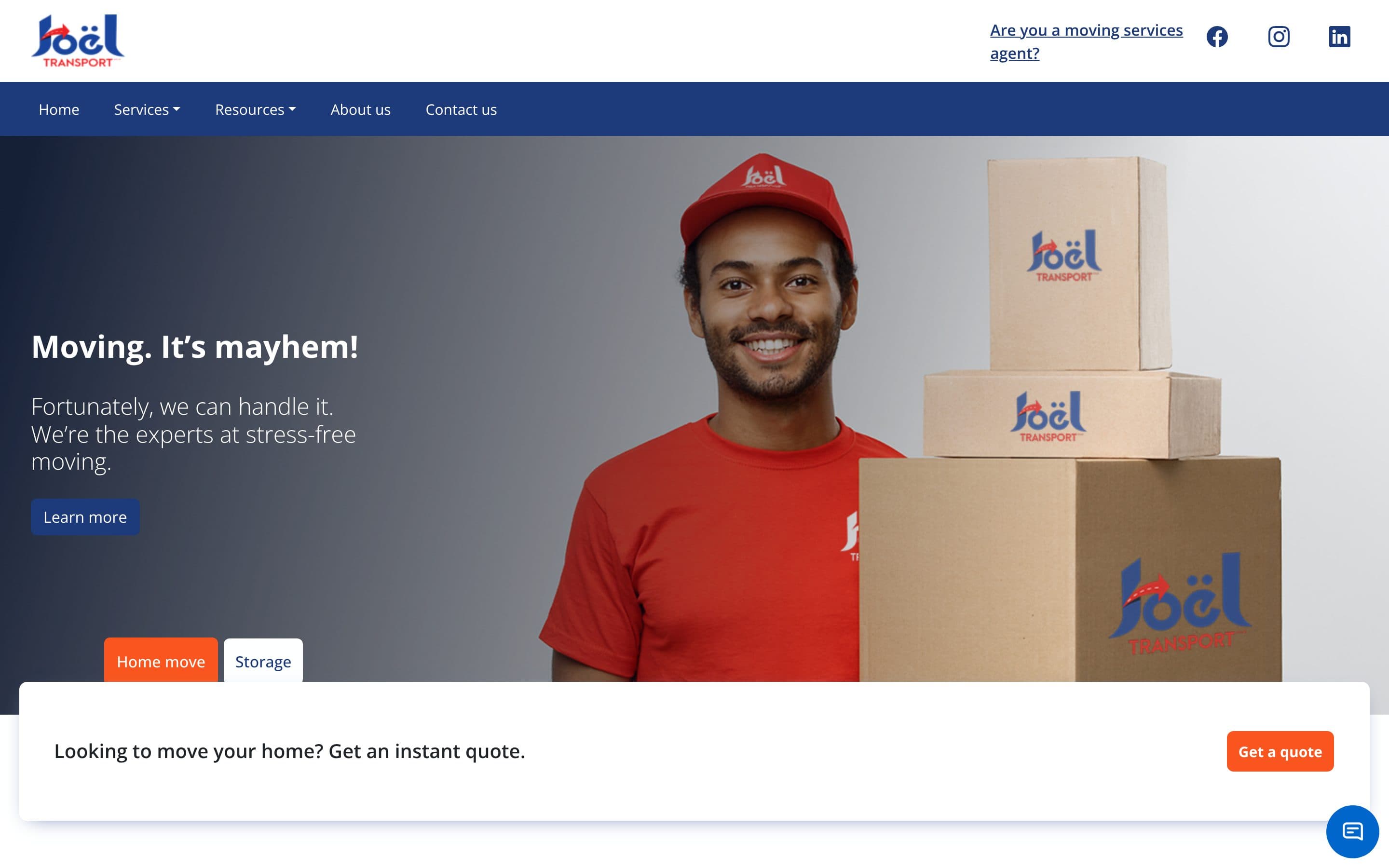 Joel Transport home page on desktop