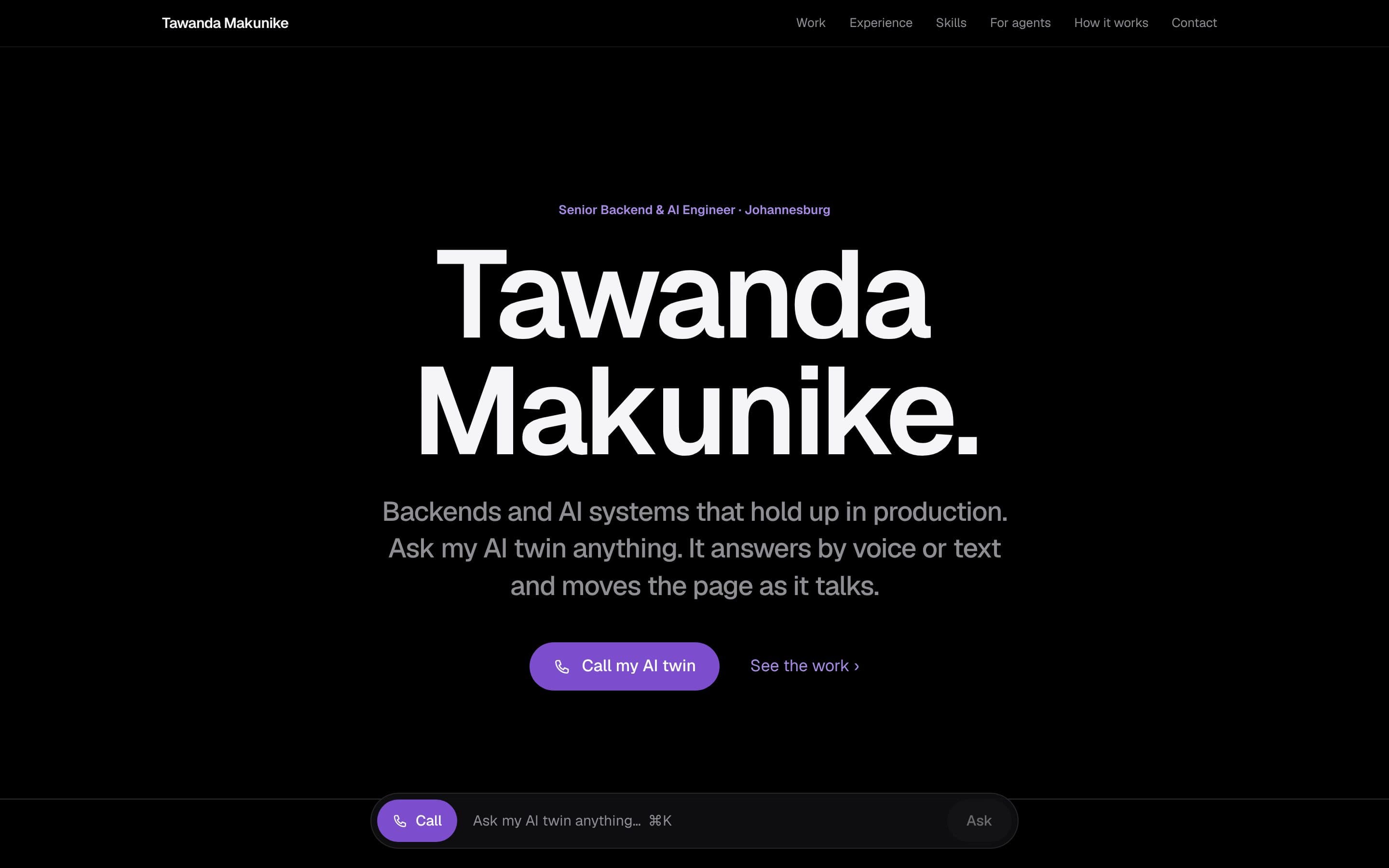 Makunike.com AI Twin home page on desktop