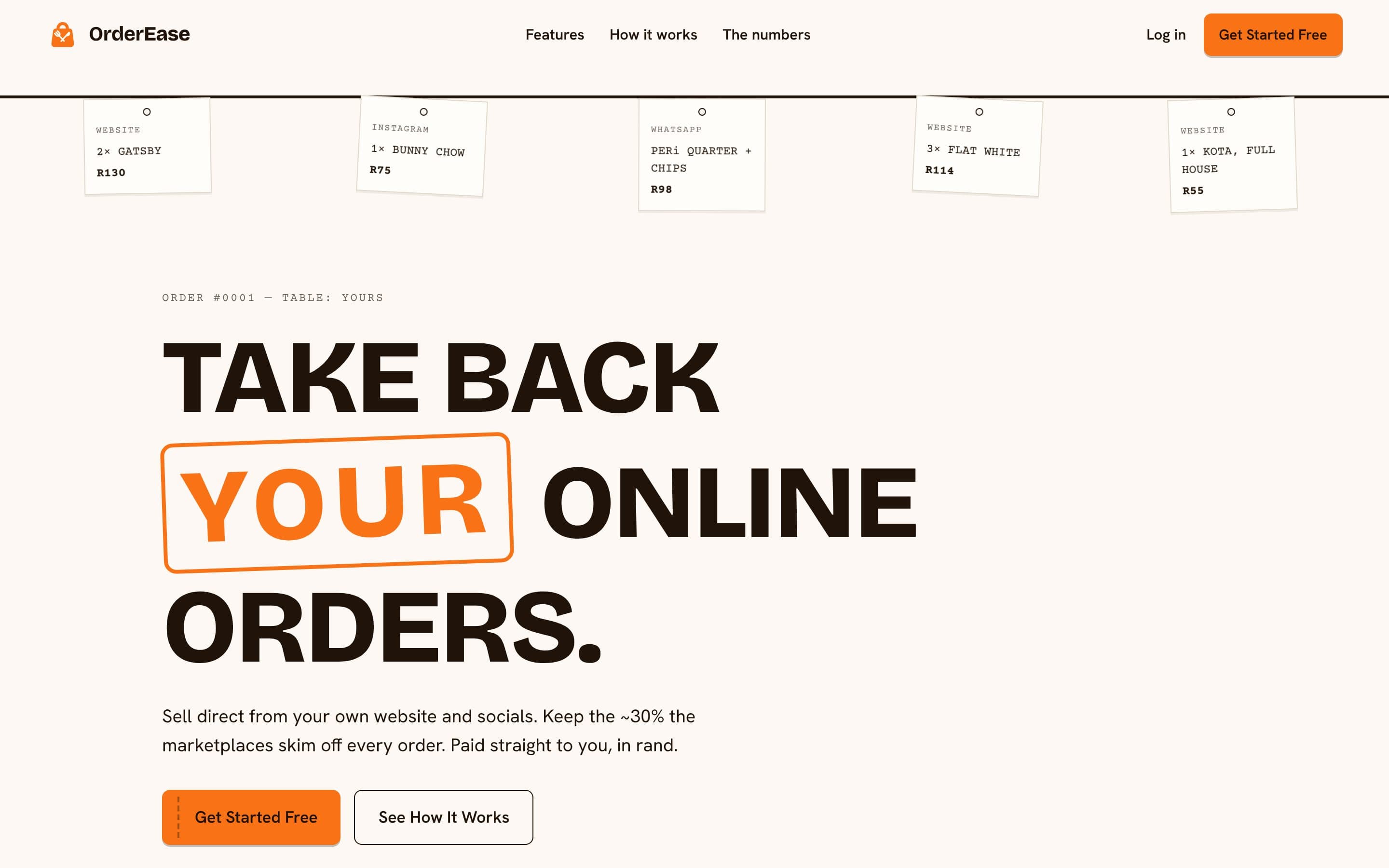OrderEase home page on desktop