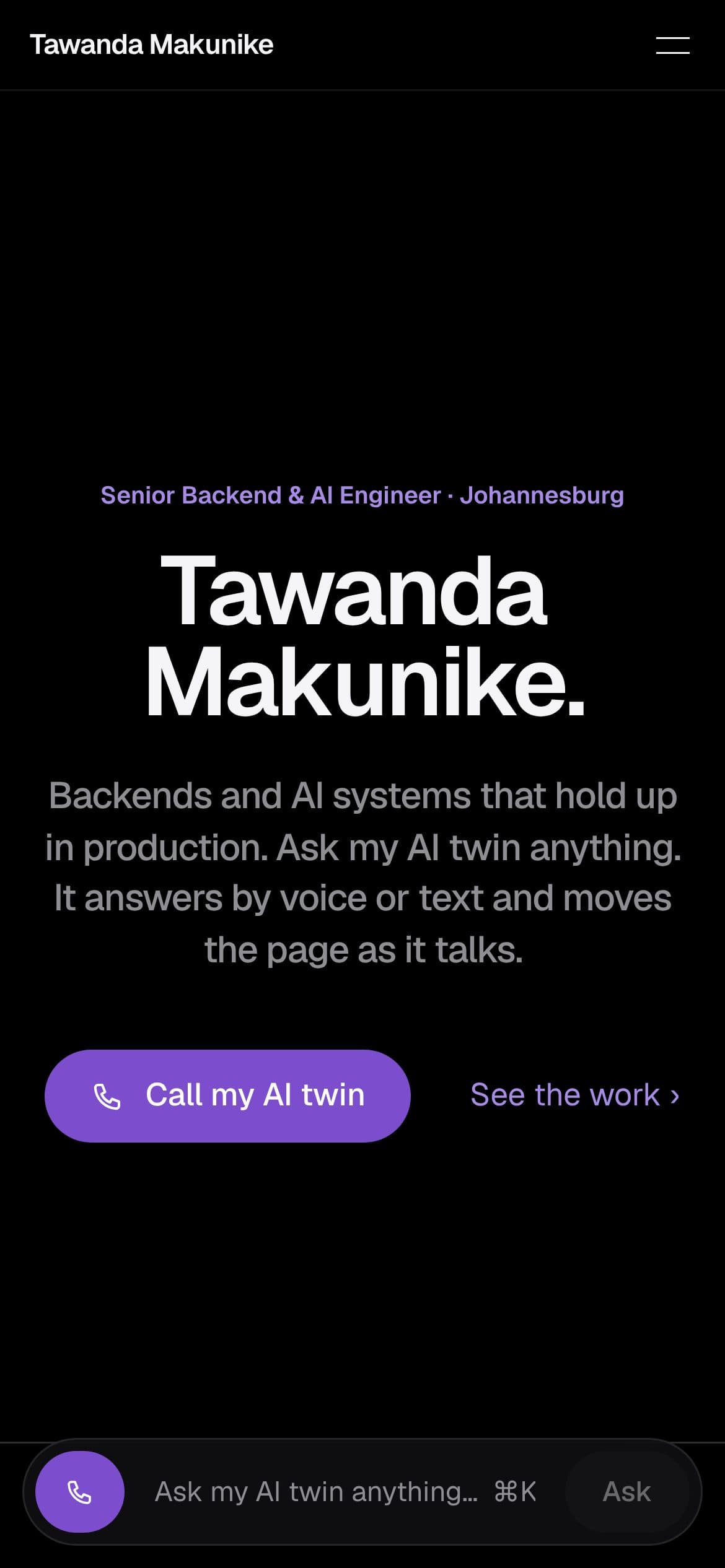 Makunike.com AI Twin home page on a phone