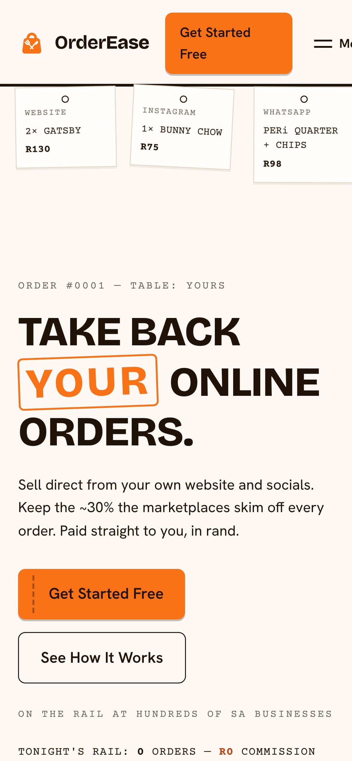 OrderEase home page on a phone